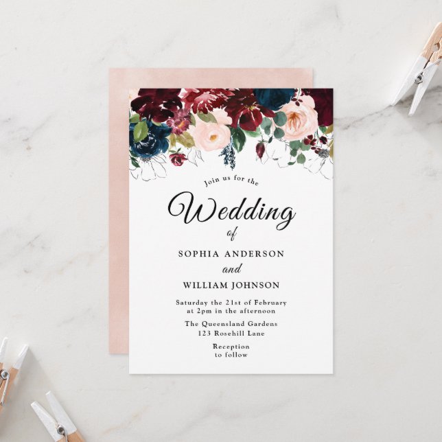 Burgundy Blush Navy Floral Watercolor Wedding  Invitation (Front/Back In Situ)