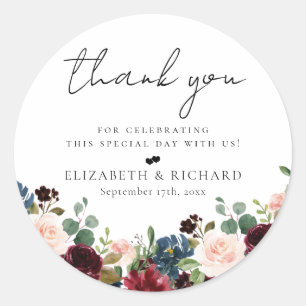 Burgundy Blush Navy Floral Wedding Classic Round Sticker