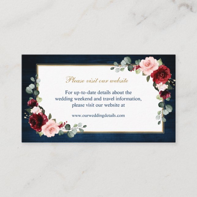 Burgundy Blush Navy Floral Wedding Website Details Enclosure Card (Front)