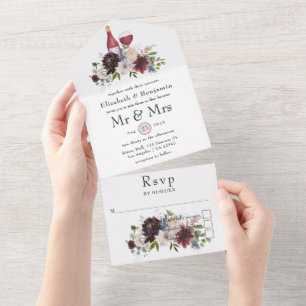 Burgundy, Blush & Navy Floral Wine Tasting Wedding All In One Invitation