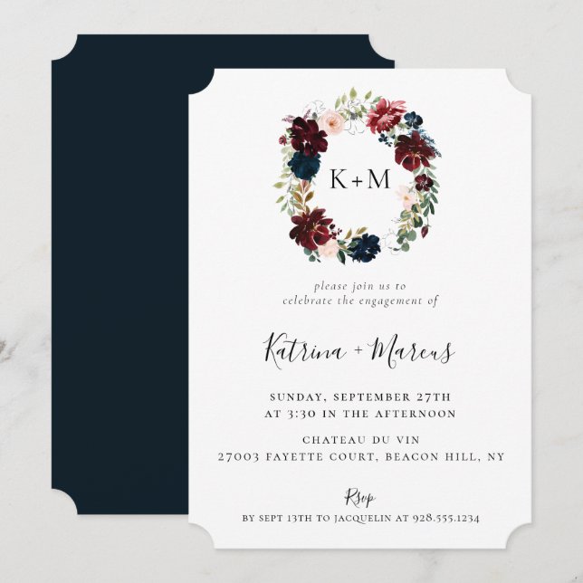 Burgundy Blush Navy Floral Wreath Engagement Invitation (Front/Back)