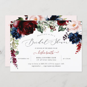 Burgundy Blush Navy Flowers Bridal Shower Invitation
