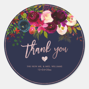 Burgundy Blush Navy Flowers Thank You DIY Bckgrnd Classic Round Sticker