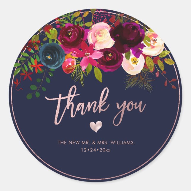 Burgundy Blush Navy Flowers|Thank You|DIY Bckgrnd Classic Round Sticker (Front)