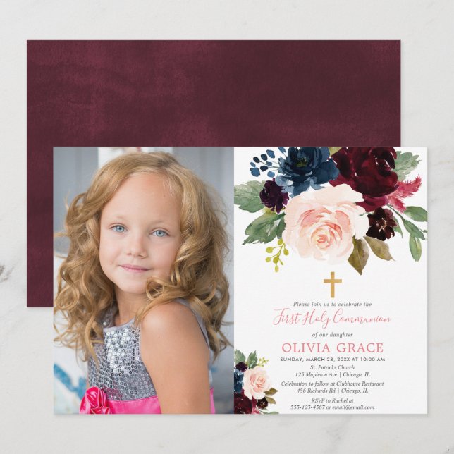 Burgundy blush navy girl first communion photo invitation (Front/Back)