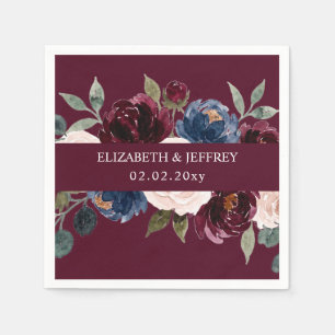 Burgundy Blush Navy Greenery Floral Wedding Napkin