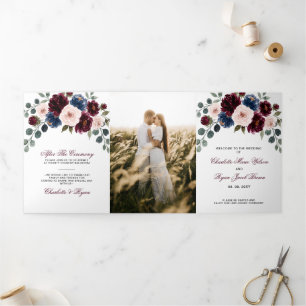 Burgundy Blush Navy Greenery Floral Wedding Tri-Fold Programme
