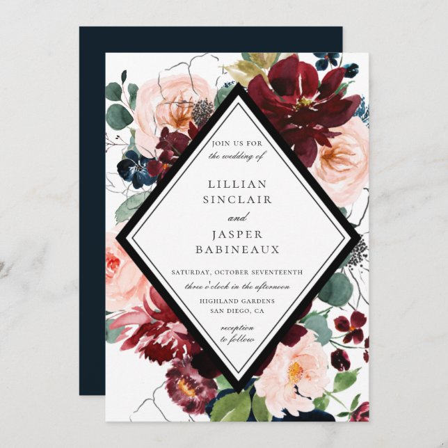 Burgundy Blush Navy Painted Floral Wedding Invitation (Front/Back)