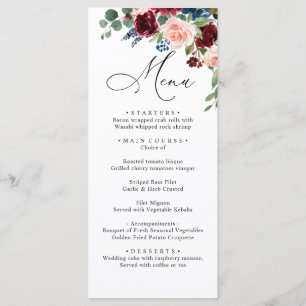 Burgundy Blush Navy Roses Wedding Dinner Menu