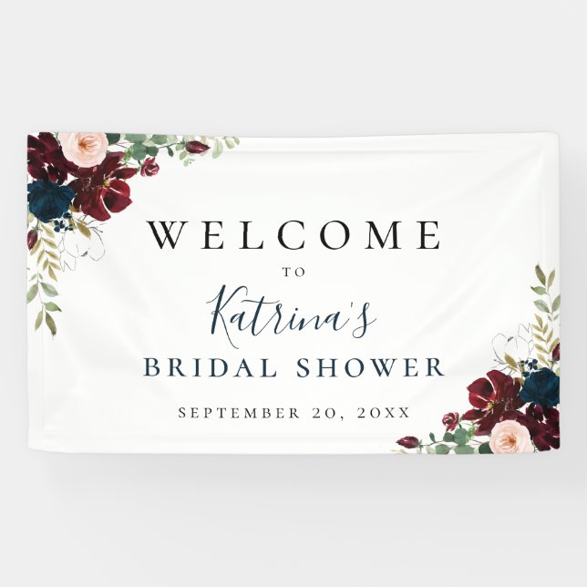 Burgundy Blush Navy Watercolor Floral Banner (Horizontal)