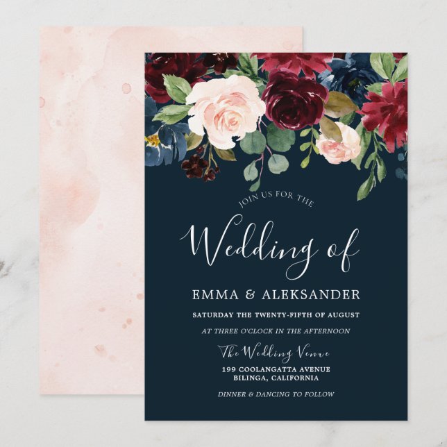 Burgundy Blush & Navy Watercolor Floral Wedding Invitation (Front/Back)