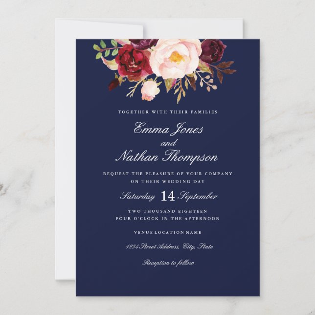 Burgundy Blush Navy Watercolor Floral Wedding Invitation (Front)