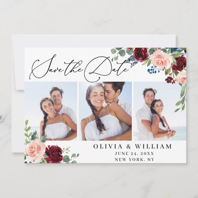Burgundy Blush Navy White Roses 3 PHOTO Wedding Save The Date (Front)
