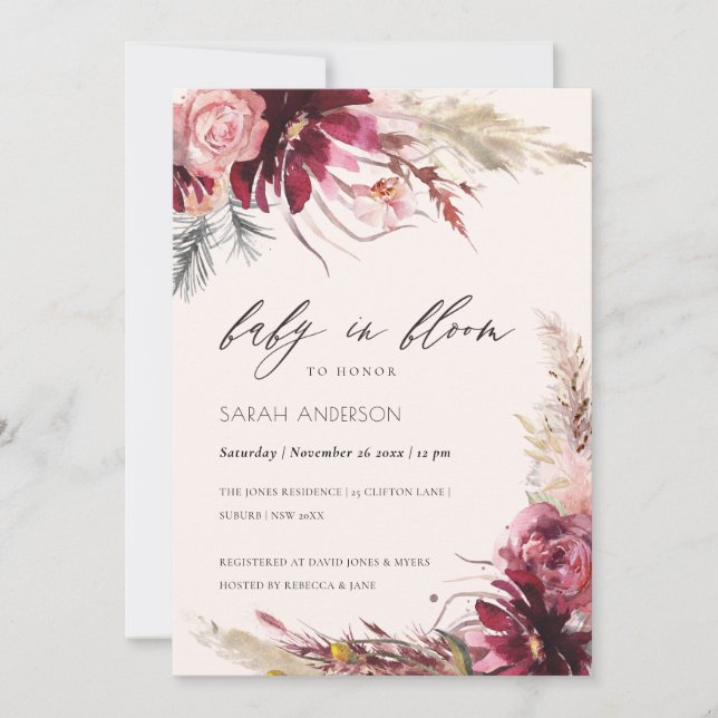 Burgundy Blush Pampas Grass Baby In Bloom Invite (Front)