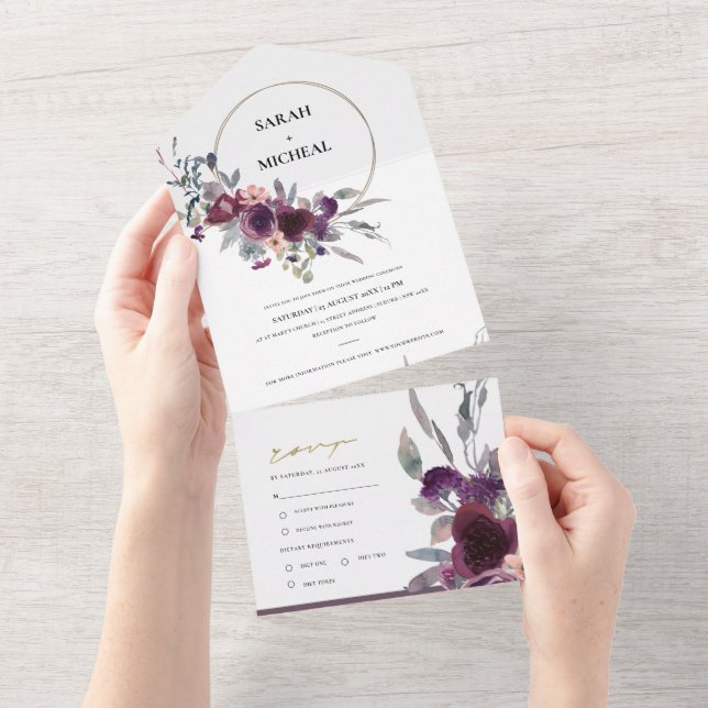 BURGUNDY BLUSH PEACH GREEN GREY FLORAL WREATH ALL IN ONE INVITATION (Tearaway)