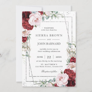 Burgundy Blush Peonies Floral Silver Geometric Invitation