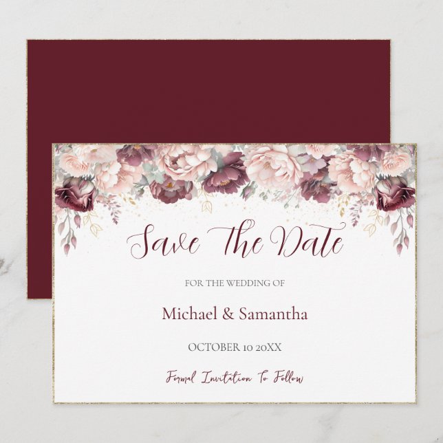 Burgundy Blush Peony and Roses Wedding Save The Date (Front/Back)