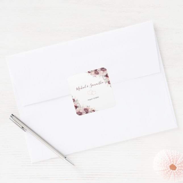 Burgundy Blush Peony and Roses Wedding Square Sticker (Envelope)