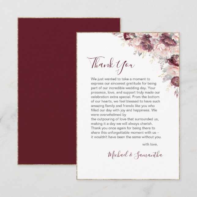 Burgundy Blush Peony and Roses Wedding Thank You Card (Front/Back)