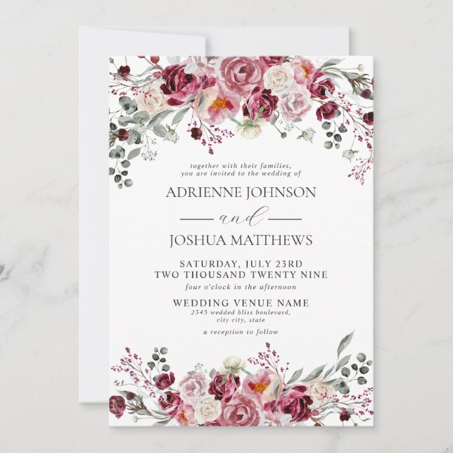 Burgundy & Blush Peony Roses Floral Wedding Invitation (Front)