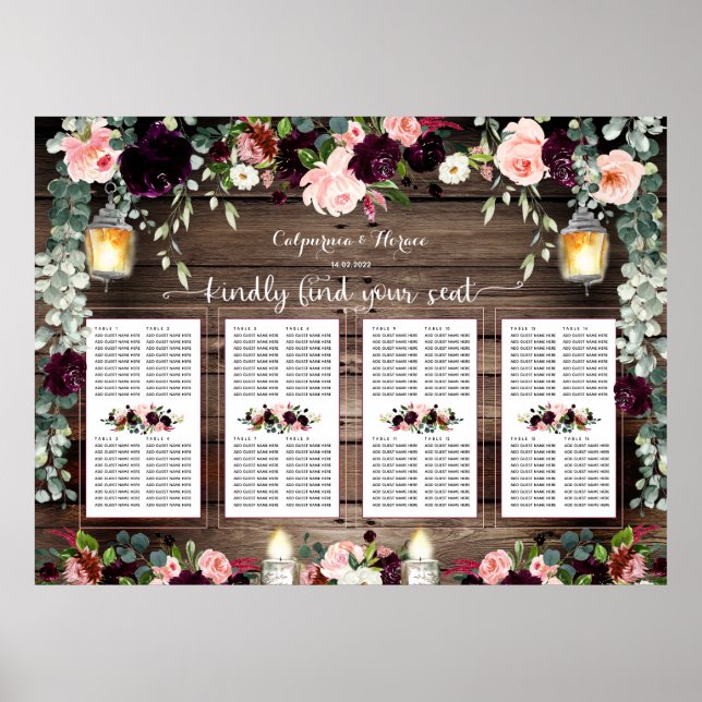 Burgundy Blush Pink 160 Guest Luxury Seating Chart (Front)