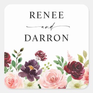 Burgundy & Blush Pink 4 Floral Square Sticker