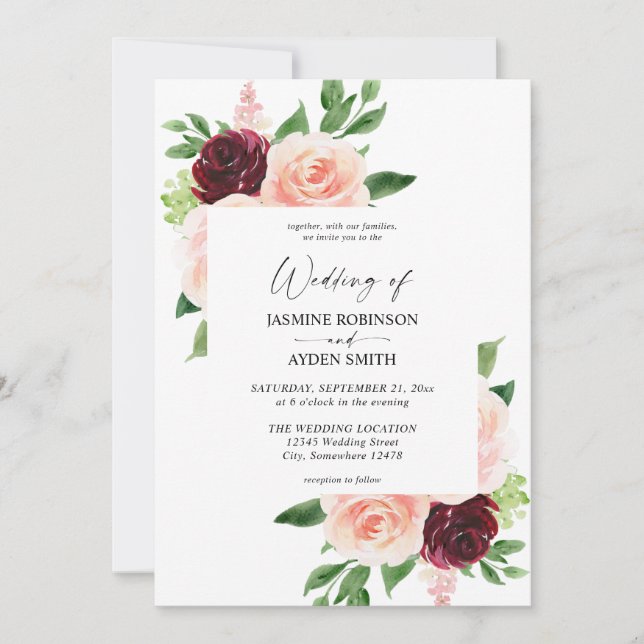 Burgundy & Blush Pink 4 Floral Wedding Invitation (Front)
