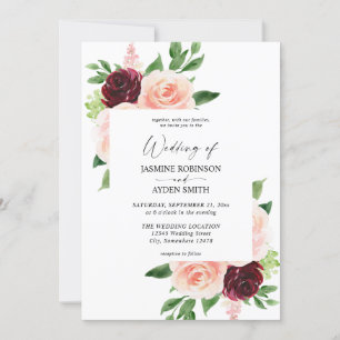 Burgundy & Blush Pink 4 Floral Wedding Invitation