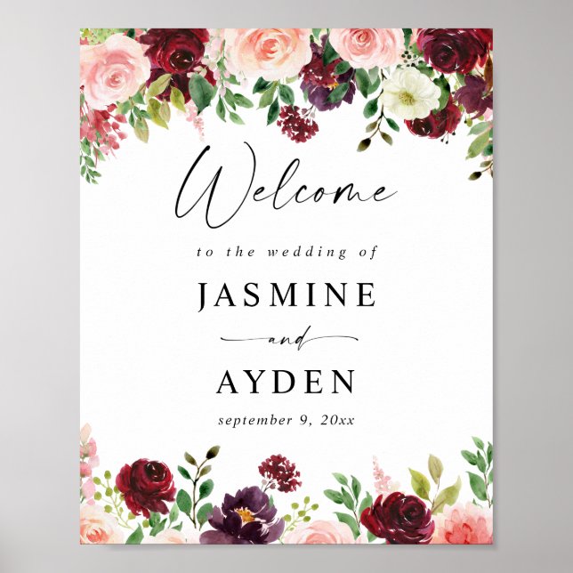 Burgundy & Blush Pink 4 Floral Welcome Sign (Front)