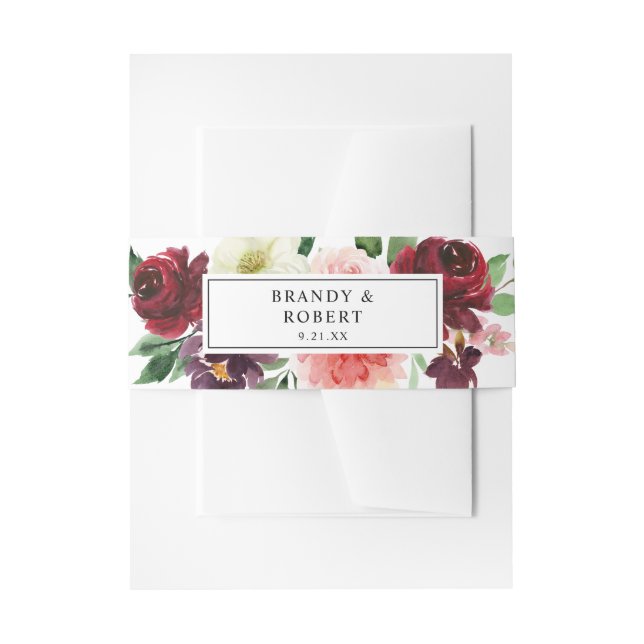 Burgundy & Blush Pink 4C Floral Invitation Belly Band (Front Example)