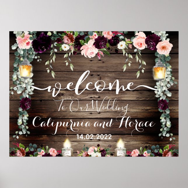 Burgundy Blush Pink 54x40" Wedding Welcome Sign (Front)