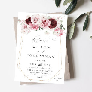 Burgundy & Blush Pink 6 Ele Floral Wedding Invitation