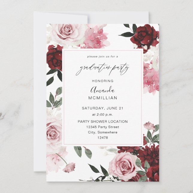 Burgundy & Blush Pink 6 Floral Graduation Party Invitation (Front)