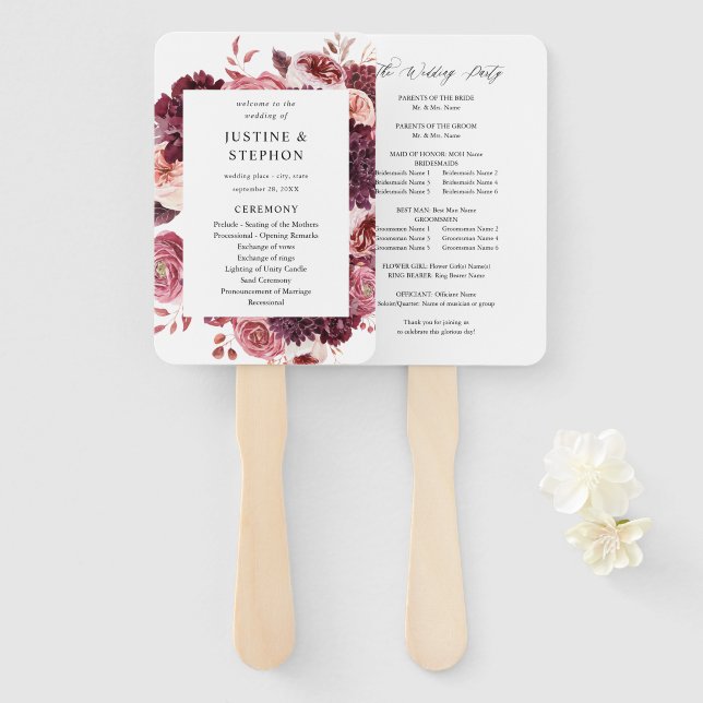 Burgundy & Blush Pink 8B Wedding Program Hand Fan (Front and Back)
