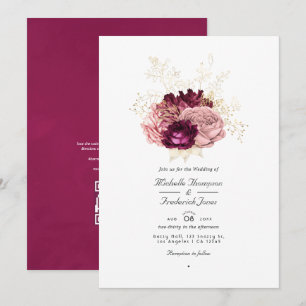 Burgundy Blush Pink and Gold QR Code RSVP Wedding Invitation
