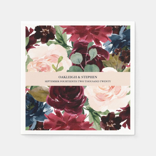 Burgundy, Blush Pink and Navy Floral Wedding Napkin (Front)