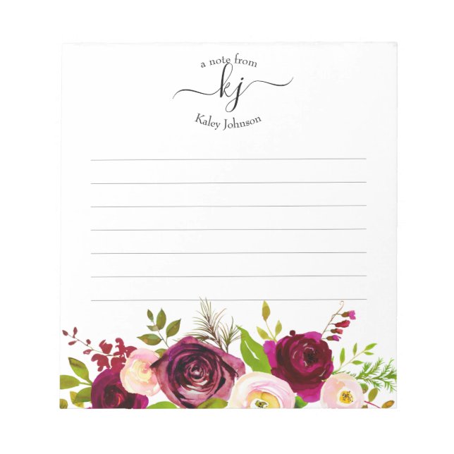 Burgundy Blush Pink Botanical Floral Monogram  Notepad (Front)