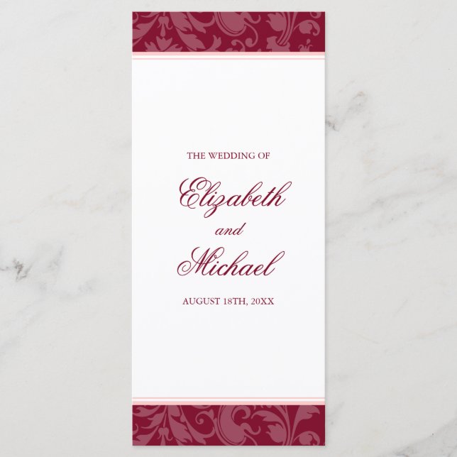 Burgundy Blush Pink Damask Swirl Wedding Program Programme (Front)