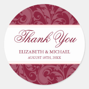 Burgundy Blush Pink Damask Swirl Wedding Thank You Classic Round Sticker