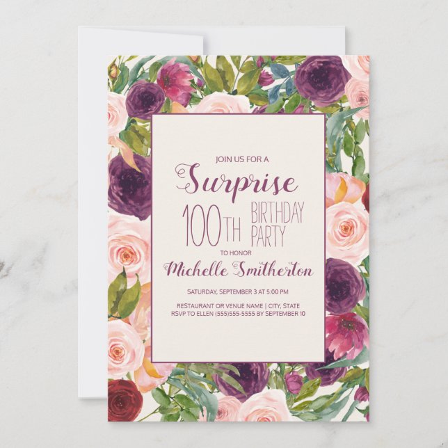 Burgundy Blush Pink Floral 100th Birthday  Invitat Invitation (Front)