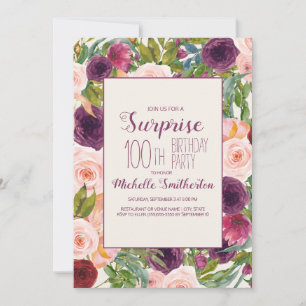 Burgundy Blush Pink Floral 100th Birthday  Invitat Invitation