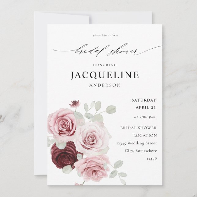 Burgundy & Blush Pink Floral 6 Ele Bridal Shower Invitation (Front)