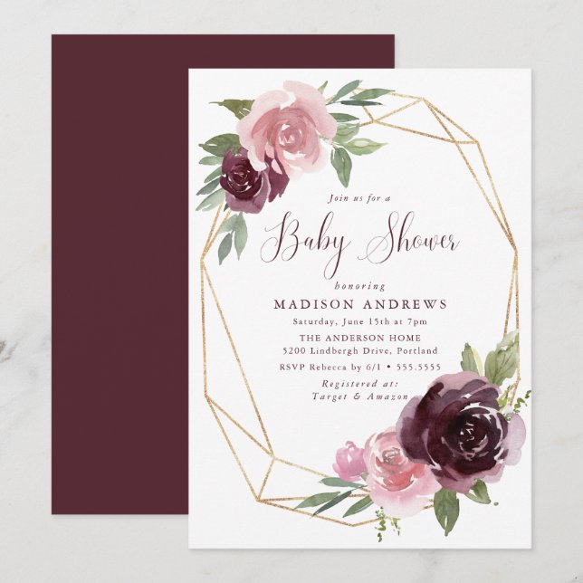 Burgundy & Blush Pink Floral | Baby Shower Invitation (Front/Back)
