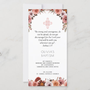 Burgundy Blush Pink Floral Baptism Bookmark Favour Thank You Card