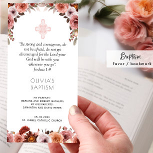 Burgundy Blush Pink Floral Baptism Bookmark Favour Thank You Card