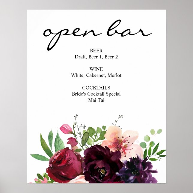 Burgundy & Blush Pink Floral Bar Sign (Front)