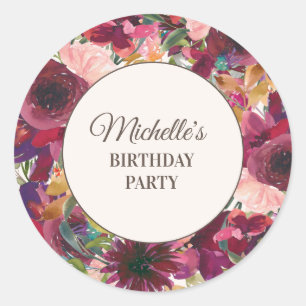 Burgundy Blush Pink Floral Birthday Party Classic Round Sticker