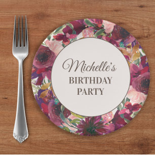 Burgundy Blush Pink Floral Birthday Party Paper Plate