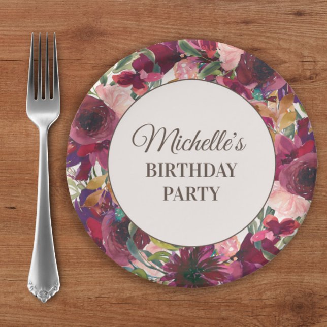 Burgundy Blush Pink Floral Birthday Party Paper Plate (Burgundy and pink watercolor floral custom birthday party paper plates.)