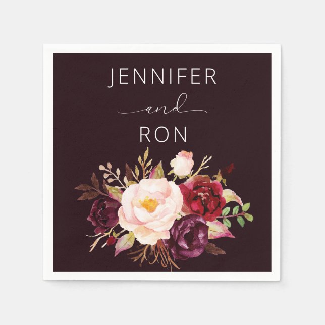 Burgundy & Blush Pink Floral - Black Napkin (Front)